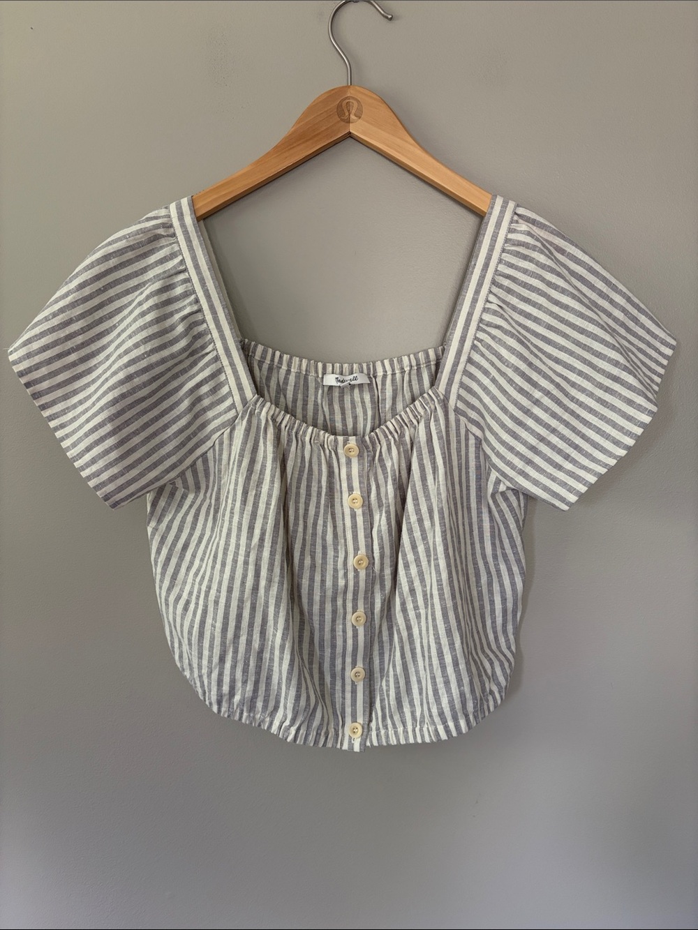 Madewell Flutter Sleeve Button Front Crop Top Medium Cream Gray Stripe Hemp NWT